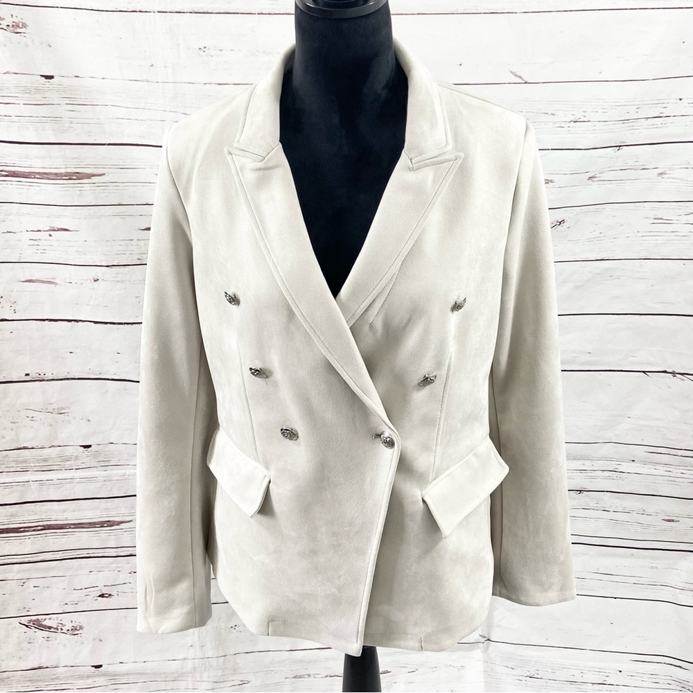 T Tahari Jacket Women’s 4 Light Stone Blazer Double Breasted‎ Faux Leather